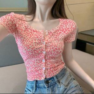 Brandy Melville Pink Leopard Print Button down Crop Top